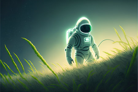 spaceman looking at mysterious plants with green light , digital art style, illustration painting, fantasy concept of a cosmonautの素材