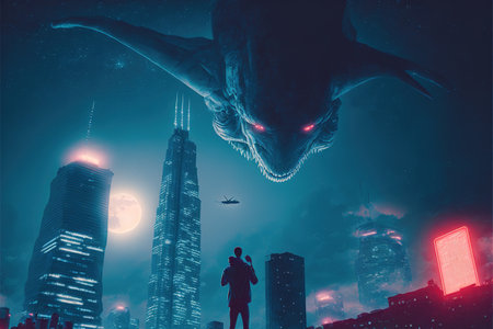 sci-fi scene showing the giant monster invading night city , digital art style, illustration painting, fantasy concept of a giant monsterの素材