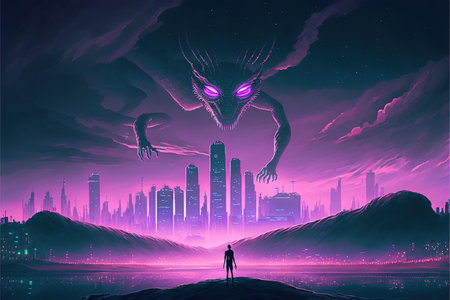 sci-fi scene showing the giant monster invading night city , digital art style, illustration painting, fantasy concept of a giant monsterの素材