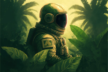 spaceman looking at mysterious plants with green light , digital art style, illustration painting, fantasy concept of a cosmonautの素材