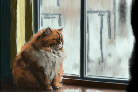 Portrait of a cat sitting near the window. Digital art style, illustration painting. Cartoon style of a cat near the window.の素材