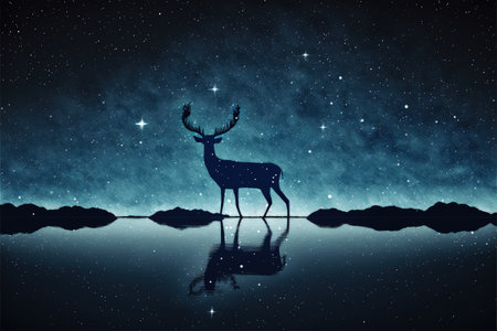 silhouette of the deer walking on water against night sky with blue light , digital art style, illustration painting, fantasy concept of a deer walking on waterの素材