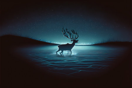 silhouette of the deer walking on water against night sky with blue light , digital art style, illustration painting, fantasy concept of a deer walking on waterの素材