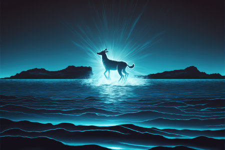 silhouette of the deer walking on water against night sky with blue light , digital art style, illustration painting, fantasy concept of a deer walking on waterの素材