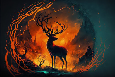 the deer with its fire horns standing on rocks in forest fire , digital art style, illustration painting, fantasy concept of a deer in burning forestの素材