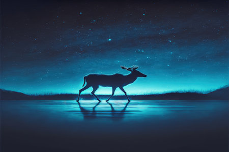 silhouette of the deer walking on water against night sky with blue light , digital art style, illustration painting, fantasy concept of a deer walking on waterの素材