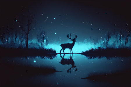 silhouette of the deer walking on water against night sky with blue light , digital art style, illustration painting, fantasy concept of a deer walking on waterの素材