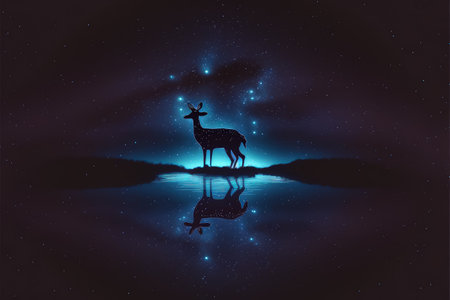 silhouette of the deer walking on water against night sky with blue light , digital art style, illustration painting, fantasy concept of a deer walking on waterの素材