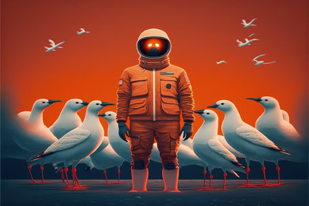 astronaut standing among flock of bird, single glowing unique bird flying around , digital art style, illustration painting, fantasy concept of a astronaut standing near the birdsの素材