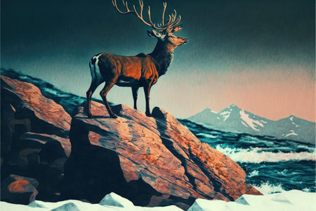 the deer with its fire horns standing on rocks in forest fire , digital art style, illustration painting, fantasy concept of a deer in burning forestの素材