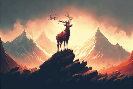 the deer with its fire horns standing on rocks in forest fire , digital art style, illustration painting, fantasy concept of a deer in burning forestの素材