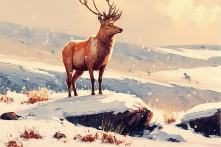 the deer with its fire horns standing on rocks in forest fire , digital art style, illustration painting, fantasy concept of a deer in burning forestの素材