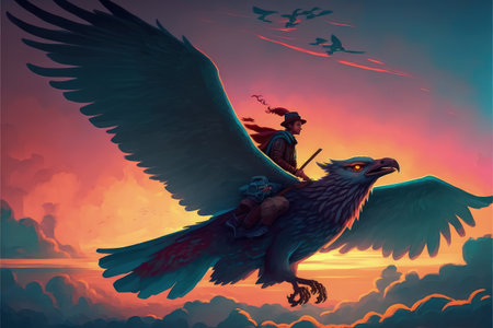 man on the giant bird flying in the evening sky , digital art style, illustration painting, fantasy concept of a man on the giant bird flyingの素材