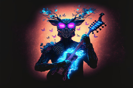 creature with branch head playing magic banjo string instrument with glowing butterflies , digital art style, illustration painting, fantasy concept of a creature playing magic banjoの素材