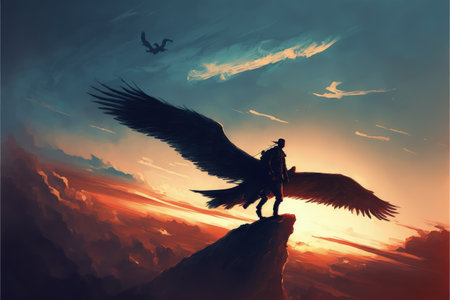 man on the giant bird flying in the evening sky , digital art style, illustration painting, fantasy concept of a man on the giant bird flyingの素材
