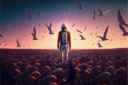 astronaut standing among flock of bird, single glowing unique bird flying around , digital art style, illustration painting, fantasy concept of a astronaut standing near the birdsの素材