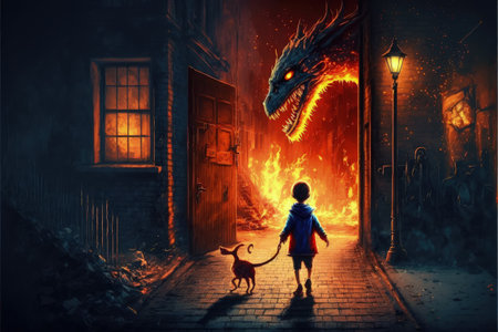 fantasy scene showing the young boy running away from the fire dragon , digital art style, illustration painting, fantasy concept of a boy vs dragonの素材