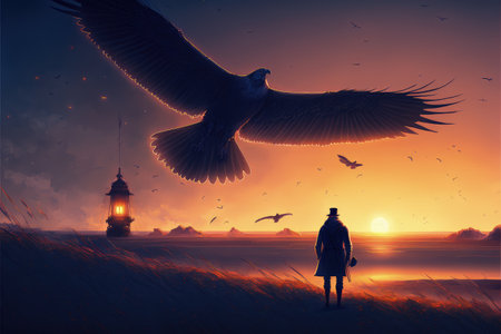 man on the giant bird flying in the evening sky , digital art style, illustration painting, fantasy concept of a man on the giant bird flyingの素材