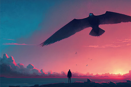 man on the giant bird flying in the evening sky , digital art style, illustration painting, fantasy concept of a man on the giant bird flyingの素材