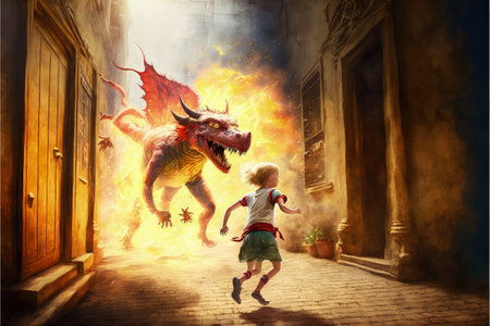 fantasy scene showing the young boy running away from the fire dragon , digital art style, illustration painting, fantasy concept of a boy vs dragonの素材