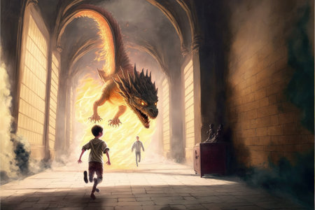 fantasy scene showing the young boy running away from the fire dragon , digital art style, illustration painting, fantasy concept of a boy vs dragonの素材