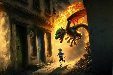 fantasy scene showing the young boy running away from the fire dragon , digital art style, illustration painting, fantasy concept of a boy vs dragonの素材