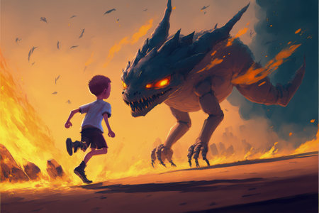 fantasy scene showing the young boy running away from the fire dragon , digital art style, illustration painting, fantasy concept of a boy vs dragonの素材