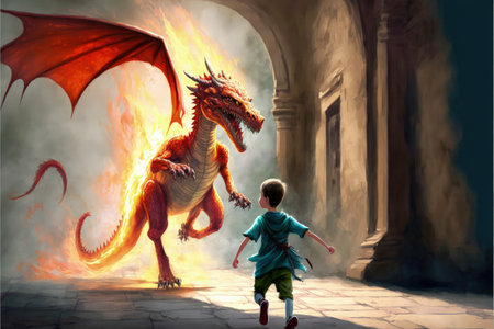 fantasy scene showing the young boy running away from the fire dragon , digital art style, illustration painting, fantasy concept of a boy vs dragonの素材