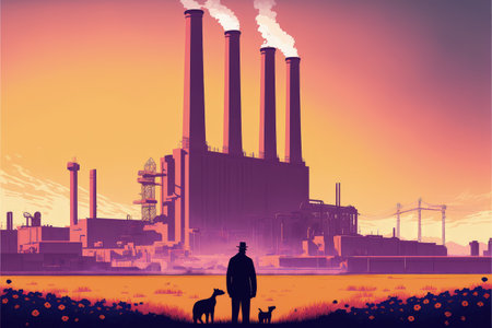 man with his dog looking at the futuristic factory , digital art style, illustration painting, fantasy concept of a futuristic factoryの素材