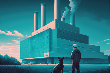 man with his dog looking at the futuristic factory , digital art style, illustration painting, fantasy concept of a futuristic factoryの素材
