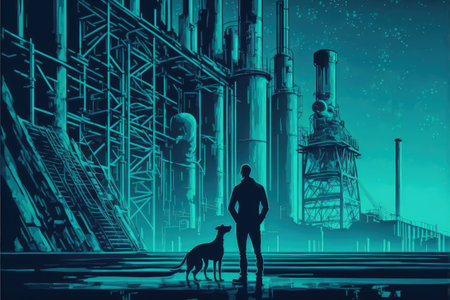 man with his dog looking at the futuristic factory , digital art style, illustration painting, fantasy concept of a futuristic factoryの素材