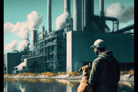 man with his dog looking at the futuristic factory , digital art style, illustration painting, fantasy concept of a futuristic factoryの素材