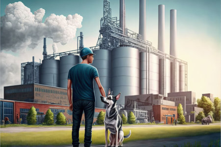 man with his dog looking at the futuristic factory , digital art style, illustration painting, fantasy concept of a futuristic factoryの素材