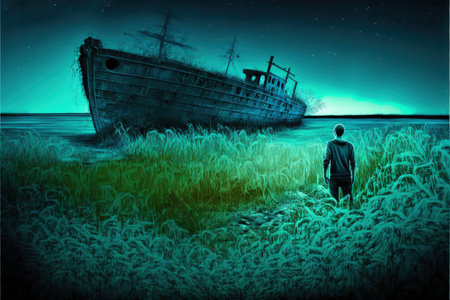 night scenery of a man with magic lantern standing in field looking at shipwreck , digital art style, illustration painting, fantasy concept of a man with magic lanternの素材