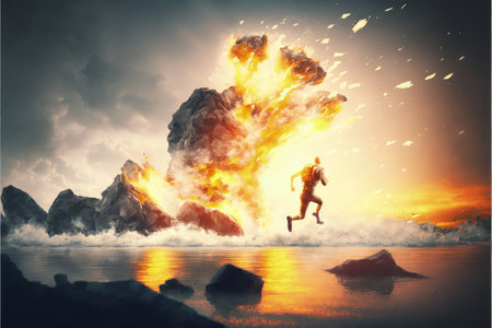 man running from meteorite or debris rocks with fire falling into the sea , digital art style, illustration painting, fantasy concept of a man running from meteoriteの素材