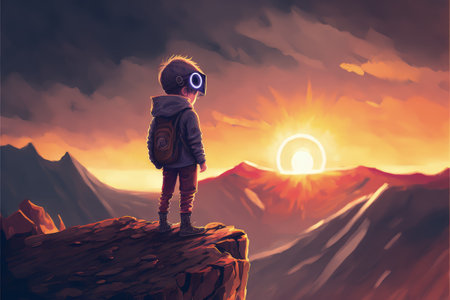 boy standing on the edge of the cliff looking at eclipse and rocks floating in the sky , digital art style, illustration painting, fantasy concept of a eclipse and rocks in the skyの素材