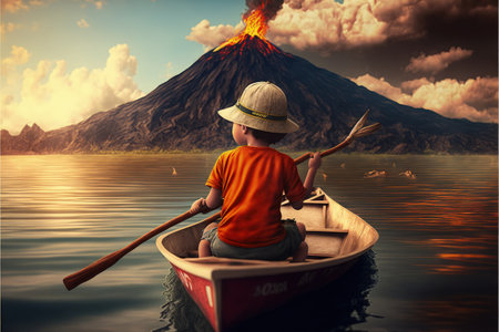 fantasy world scenery showing a boy rowing a boat in the land of volcanic , digital art style, illustration painting, fantasy concept of a boy rowing a boatの素材