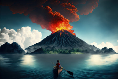 fantasy world scenery showing a boy rowing a boat in the land of volcanic , digital art style, illustration painting, fantasy concept of a boy rowing a boatの素材