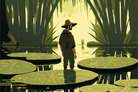 scenery of a man in the enchanted swamp with weird plants , digital art style, illustration painting, fantasy concept of a man in the enchanted swampの素材