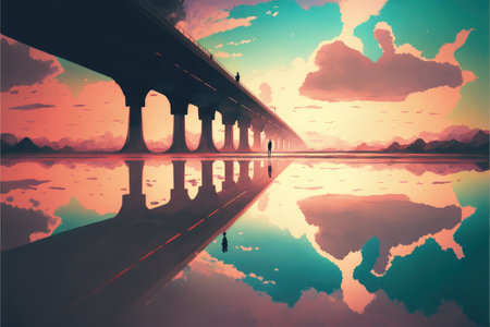 surreal scenery of upside down world with a man on the old bridge looking at sunset light in the sea above the sky , digital art style, illustration painting, fantasy concept of a man on the bridgeの素材