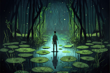 scenery of a man in the enchanted swamp with weird plants , digital art style, illustration painting, fantasy concept of a man in the enchanted swampの素材