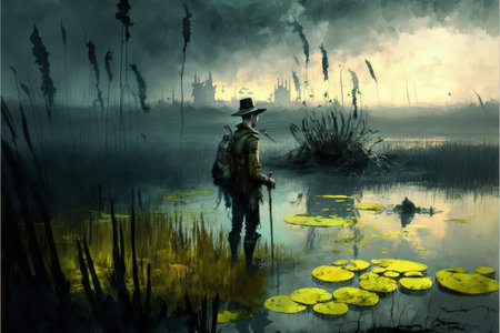 scenery of a man in the enchanted swamp with weird plants , digital art style, illustration painting, fantasy concept of a man in the enchanted swampの素材
