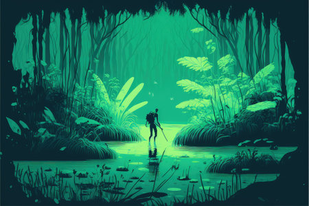scenery of a man in the enchanted swamp with weird plants , digital art style, illustration painting, fantasy concept of a man in the enchanted swampの素材