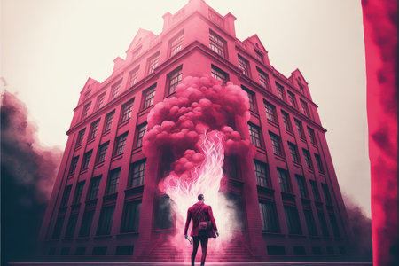 the man holding red smoke flare jumping off the building while exploding , digital art style, illustration painting, fantasy concept of a man holding red smoke flareの素材