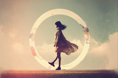woman walking to the futuristic circle floating in the air , digital art style, illustration painting, fantasy concept of a futuristic circleの素材