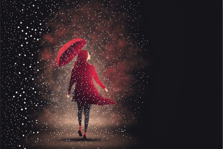woman with a red umbrella walking on dark background with scattering particles , digital art style, illustration painting, fantasy concept of a woman with red umbrellaの素材