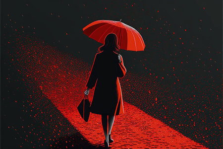 woman with a red umbrella walking on dark background with scattering particles , digital art style, illustration painting, fantasy concept of a woman with red umbrellaの素材