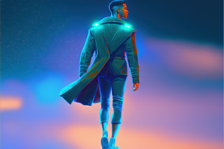 young man in futuristic clothing walking on blue background , digital art style, illustration painting, fantasy concept of a young man on blue backgroundの素材