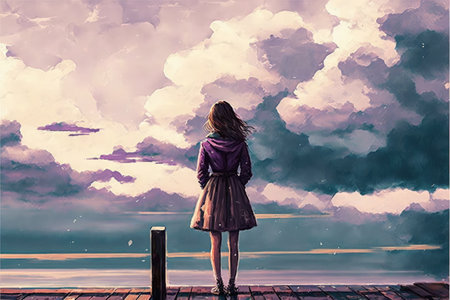 beautiful scenery of the woman standing alone on a wooden pier looking at colorful clouds in the sky , digital art style, illustration painting, fantasy concept of a woman on the pierの素材