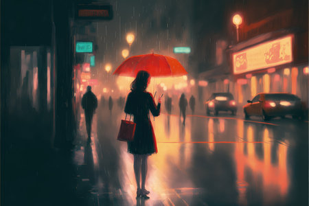 young woman listening to music on her phone and holding a red umbrella crossing a city street in the rainy night , digital art style, illustration painting, fantasy concept of a young womanの素材